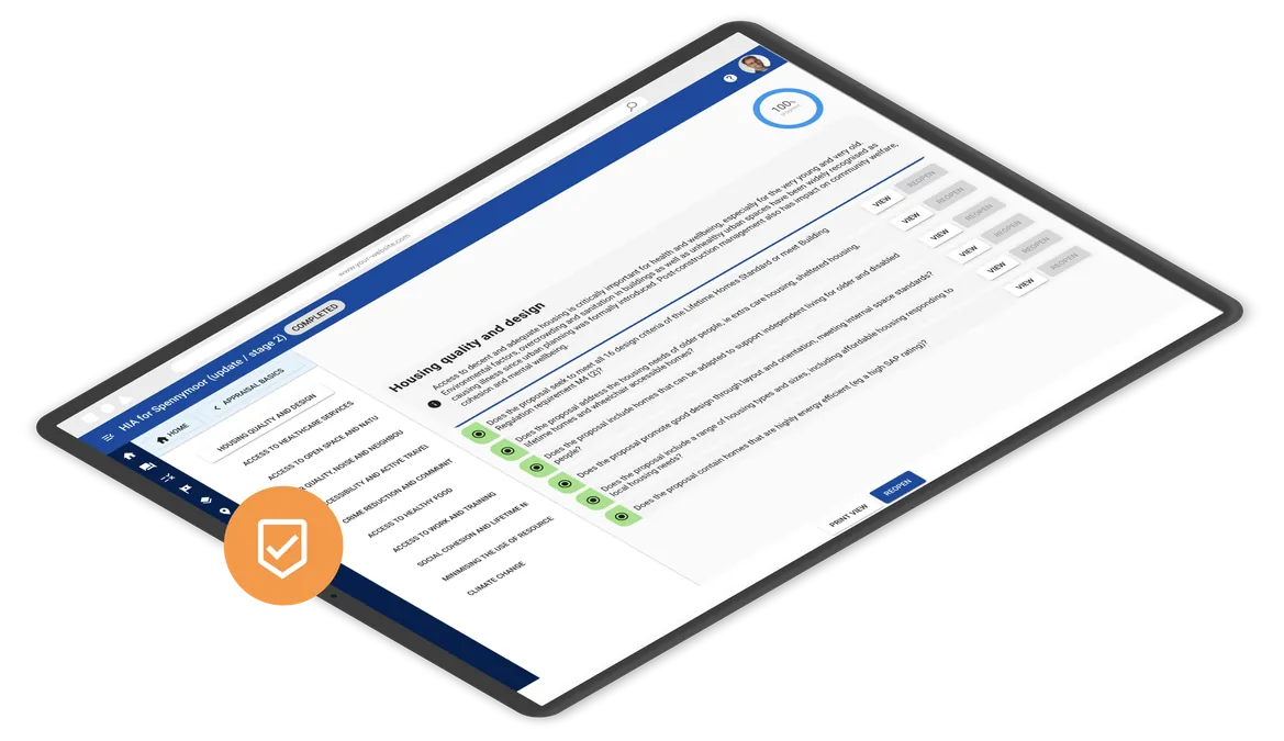 Health Impact review checklist interface with completion status